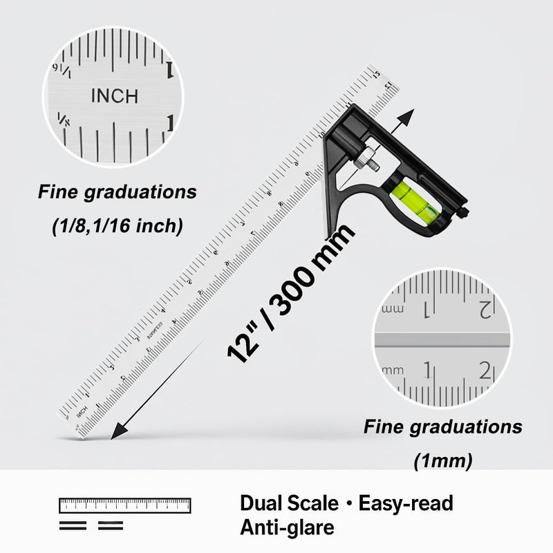 Ryqoru 12-Inch Combination Square, Metric & Imperial, Etched 1/16 in & 1 mm Graduations, 410 Stainless Steel Rule, Powder-Coated Aluminum Head, 90°/45° Marking, Built-in Level for Woodworking - Image 4